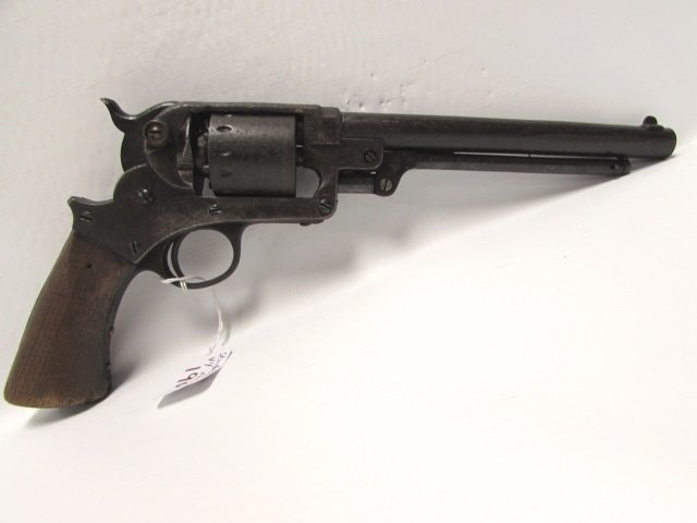 STARR ARMS CO NEW YORK 44 SA PISTOL CAP & BALL: ANTIQUE STARR ARMS 44 WITH 8" BARREL. ROUGH CONDITION, BUT WORKS - COCKS AND FIRES. CYLINDER TURNS BUT DOES NOT INDEX.