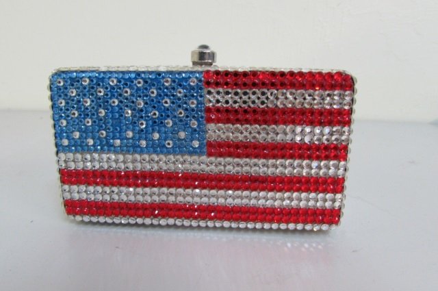 USA AMERICAN FLAG PURSE BAG SWAROVSKI CRYSTAL: JUDITH LEIBER STYLE FULLY BEADED CLUTCH . 4 1/4" X 2 3/8" WITH 42" LONG CHAIN STRAP. PULSE MIRROR & EXTRA CRYSTALS. VINTAGE ESTATE.