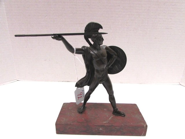 BRONZE STARTAN WARRIOR WITH SPEAR: 8 1/2 INCH BRONZE ON MARBLE BASE
