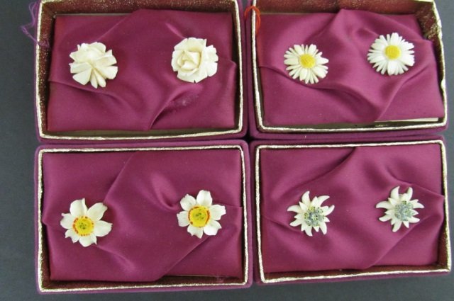 4 PAIR HAND CARVED IVORY EARRINGS 1952 GERMANY NIB: ROSE, EDELWEISS, DAISY, DAFFODIL. ALL PIERCED POST, NEW IN BOX. MEASURE 3/4" -1".