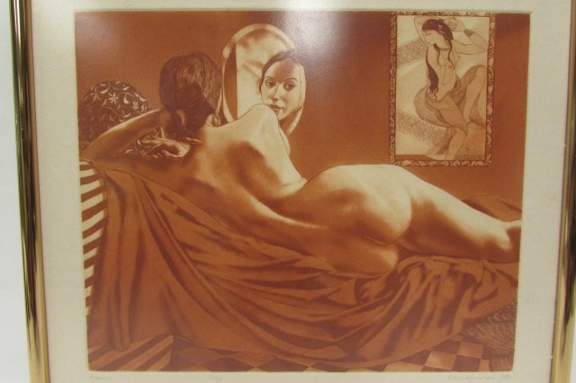 DAVID BUMBECK KASMIR 32/50 SIGNED NUDE ETCHING: 26.46 ARTIST SIGNED (IN PENCIL) "DAVID BUMBECK AQUATINT ETCHING. ENTITLED "KASMIR". 1980. #32 OF 50. MATTED & FRAMED.