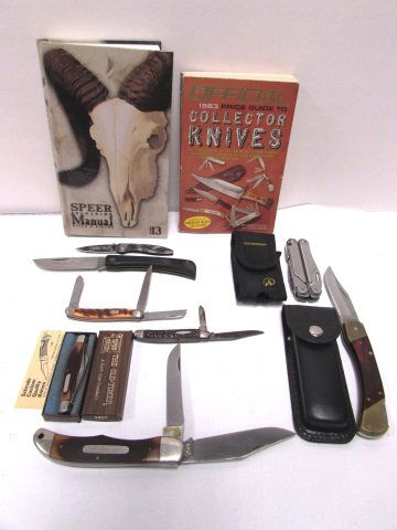 KNIFE LOT CASE SCHRADE SABRE LEATHERMAN COLLECTOR: LOT OF KNIVES & BOOKS. OLD TIMER 340T, LEATHERMAN WAVE, SMITH & WESSON LITTLE PAL, SCHRADE LB7 IN COLD STEEL CASE, SABRE 605, SCHRADE 896K, CASE XX 2138, OLD TIMER SCHRADE 250T. 5.25" - 9.25" LONG.