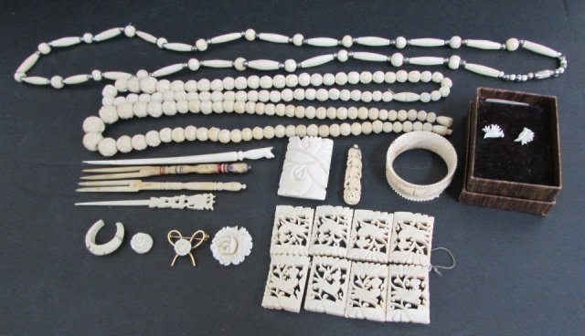 BONE IVORY LOT NECKLACE BRACELET EARRING PENDANT: 16 CARVED PIECES: 3 ROSE FLOWERS, 8 PIECE BRACELET, 20", 36" & 20" NECKLACES. NAPKIN / GAME RING. 4 HORS D'OEUVRE FORKS. BIRD OF PARADISE EARRINGS. FLORAL CLIP. STACKED ELEPHANT PENDANT. PARTIAL BAND 
