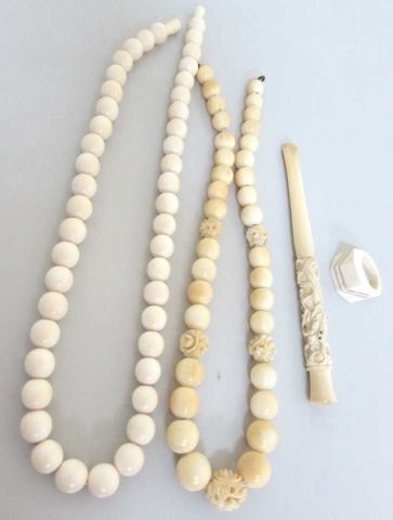 2 PREBAN CARVED IVORY NECKLACES DRAGON & RING: 14MM WIDE SIZE 6 RING 14K GOLD ACCENTS. 18" BEAD STRAND 10MM. & 16" GRADUATED CARVED 8.5MM TO 15MM. PLUS 5" CIGARETTE HOLDER. NO SHIPPING TO CALIFORNIA, NEW YORK OR INTERNATIONAL. SHIPPING IN USA $10.