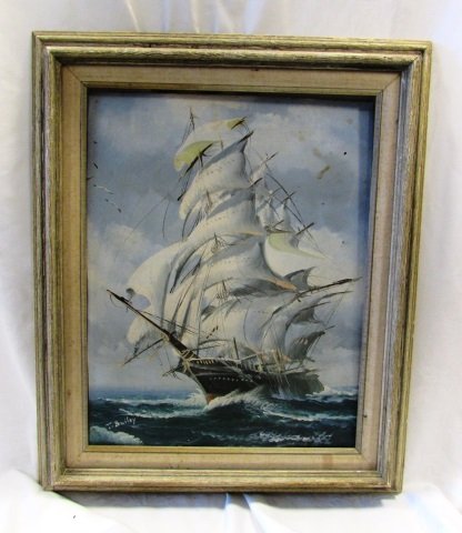 BAILEY OIL ON CANVAS PAINTING ART SAILING SHIP: OIL PAINTING OF SAILING SHIP, SIGNED BY ARTIST "T. BAILEY". w/ ABSTRACT PAINTING ON VERSO. 18" x 13.5" (VIEW), 23" x 19" (FRAME).