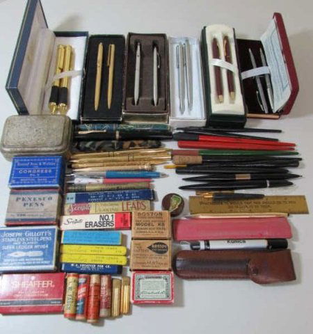 HUGE LOT PEN PENCIL NIB 14K GOLD ERASER FOUNTAIN: LOT OF BOXED SETS: BILL BLASS, CROSS, PAPER MATE SHAEFFER., CENTENNIAL. FOUNTAIN PENS. LOTS OF NEW LEAD. G OF DIP PENS, CARVED MOP. 100+ NIBS NEW IN BOXES; SOME USED & SOME 14K GOLD. ANTIQUE BOX WITH