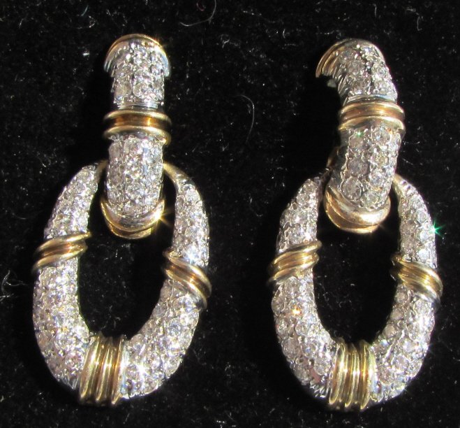 3CT DIAMOND EARRINGS 14K GOLD DOOR KNOCKERS: 14 k GOLD EARRINGS w/ 3 CARATS IN DIAMONDS. PIERCED DANGLE OMEGA BACK. 1.5" TALL, 3/4" WIDE. 16.7 GRAMS. (SHIPPING FOR THIS ITEM, WITH INSURANCE IS $8).