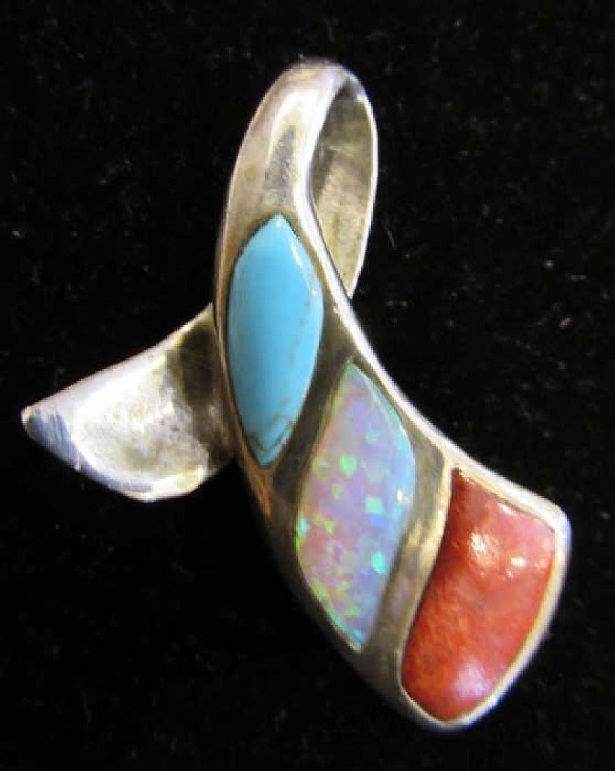 STERLING SILVER TURQ CORAL OPAL PENDANT CHARM: STERLING SILVER OMEGA OR NECKLACE SLIDE w/ TURQUOISE, CORAL, & OPAL INSERTS. 1.5" LONG, (USA SHIPPING FOR THIS ITEM IS $3).