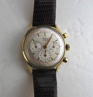 RARE 14K GOLD GALLET CHRONOGRAPH 3 REGISTER WATCH: 14K GOLD GALLET WRISTWATCH BY RACINE RARE LARGE TELEMETER 3 REGISTER 37MM AND 43.5MM LUG TO LUG EXCELLENT CONDITION RUNNING. ALL WORKING.