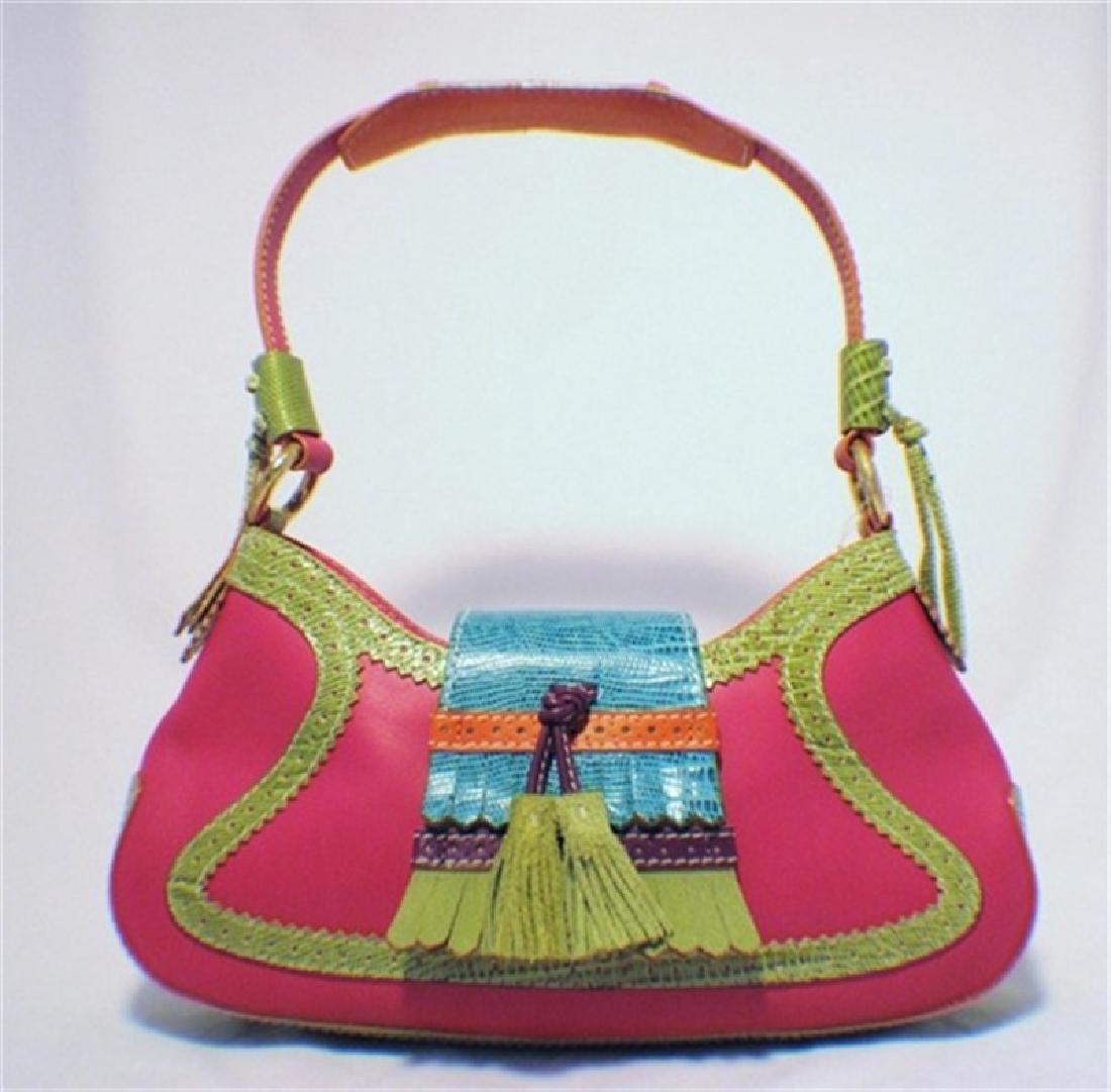 ETRO Multi-Colored Handbag: This wonderful ETRO handbag is a vibrant addition to any wardrobe. The exterior is in pristine condition constructed with pink, lime green, aqua blue, orange, and purple leather trimmed with gold hard