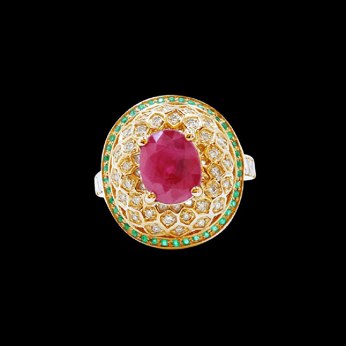 3.85ct Ruby 14K White Gold Ring: 14K WHITE GOLD RUBY RING:8.98 GRAMS / DIAMOND:0.62CT / EMERALD:1.12CT / RUBY:3.85CT /#GVR1209 **The 3.85ct oval cut natural Burma Ruby at the center of this 14k white gold cocktail ring draws the eye