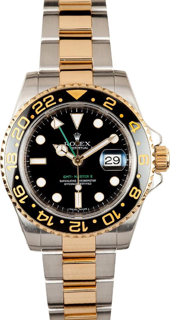 Pre-owned GMT-Master: Model/Style-GMT Master II 116713 Serial/Year-Random Features-Automatic GMT movement w/ date and 2nd time zone, Quickset, scratch-resistant sapphire crystal, waterproof, screw-down crown, rotating bi-d