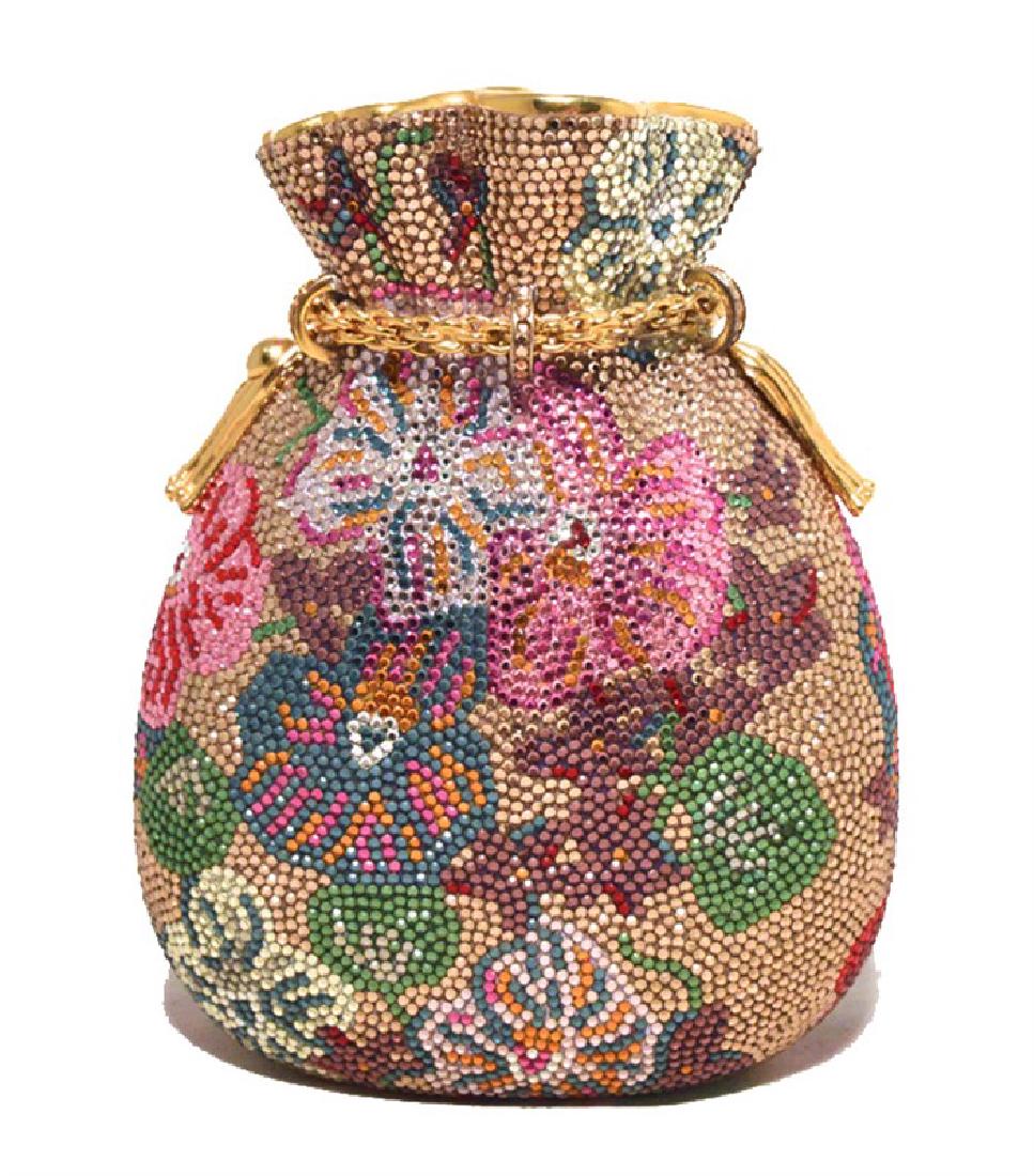 Judith Leiber Swarovski Crystal Floral Beggars Pouch: GORGEOUS JUDITH LEIBER Swarovski crystal floral beggar bag minaudiere in excellent condition. Â Multi colored swarovski crystal exterior over a gold background. Push button closure opens to a gold l