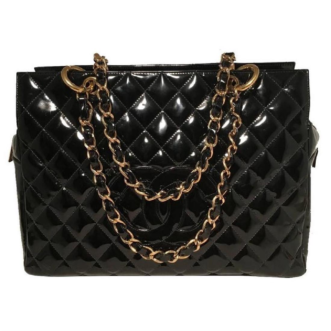Chanel Black Quilted Patent Leather Shopper Tote: GORGEOUS CHANEL Black patent leather shopper tote in excellent condition. Black quilted patent leather exterior trimmed with gold hardware CC logo quilted along front side and woven chain and leather 