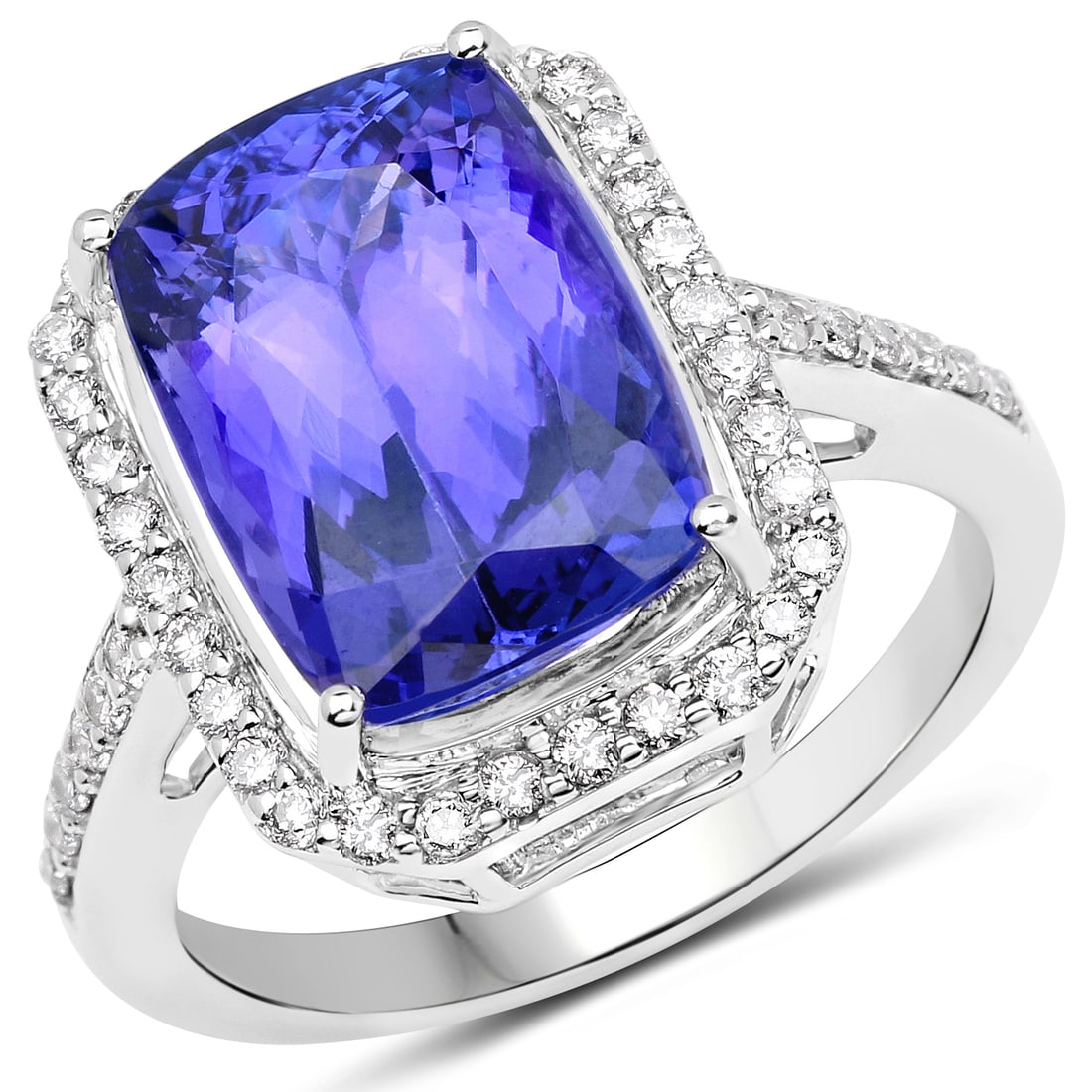 6.72ct Tanzanite 14K White Gold Ring: Metal : 14K White Gold Metal Wt : 5.25gm Tanzanite Wt : 6.72ct Diamond Wt : 0.44ct Size #7 Item #QR21517TANWD-14KW-7