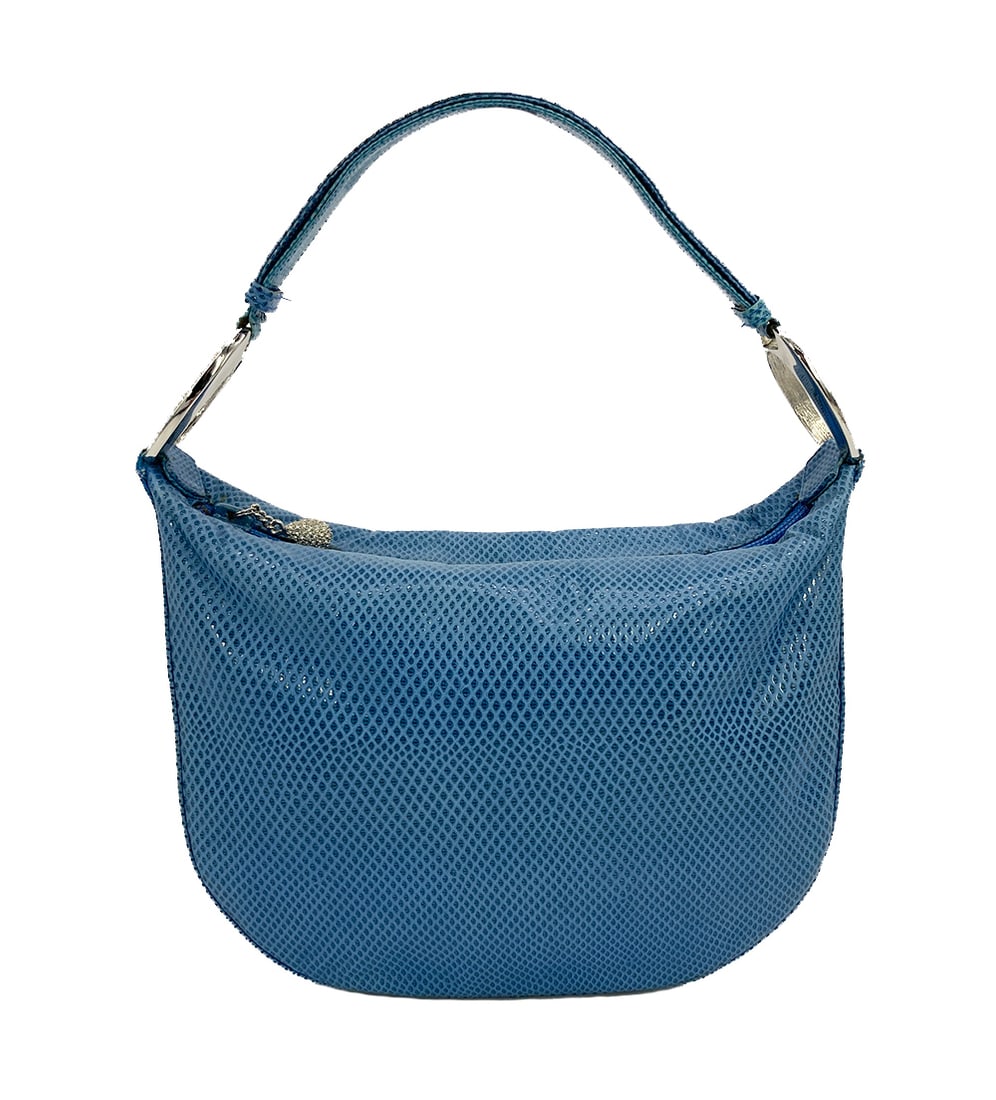 Judith Leiber Blue Lizard Crystal Accent Handbag: Judith Leiber Blue Lizard Crystal Accent Handbag in fair condition. Blue lizard exterior trimmed with silver hardware and swarovski crystals on each end of handle. Top crystal teardrop zip closure ope