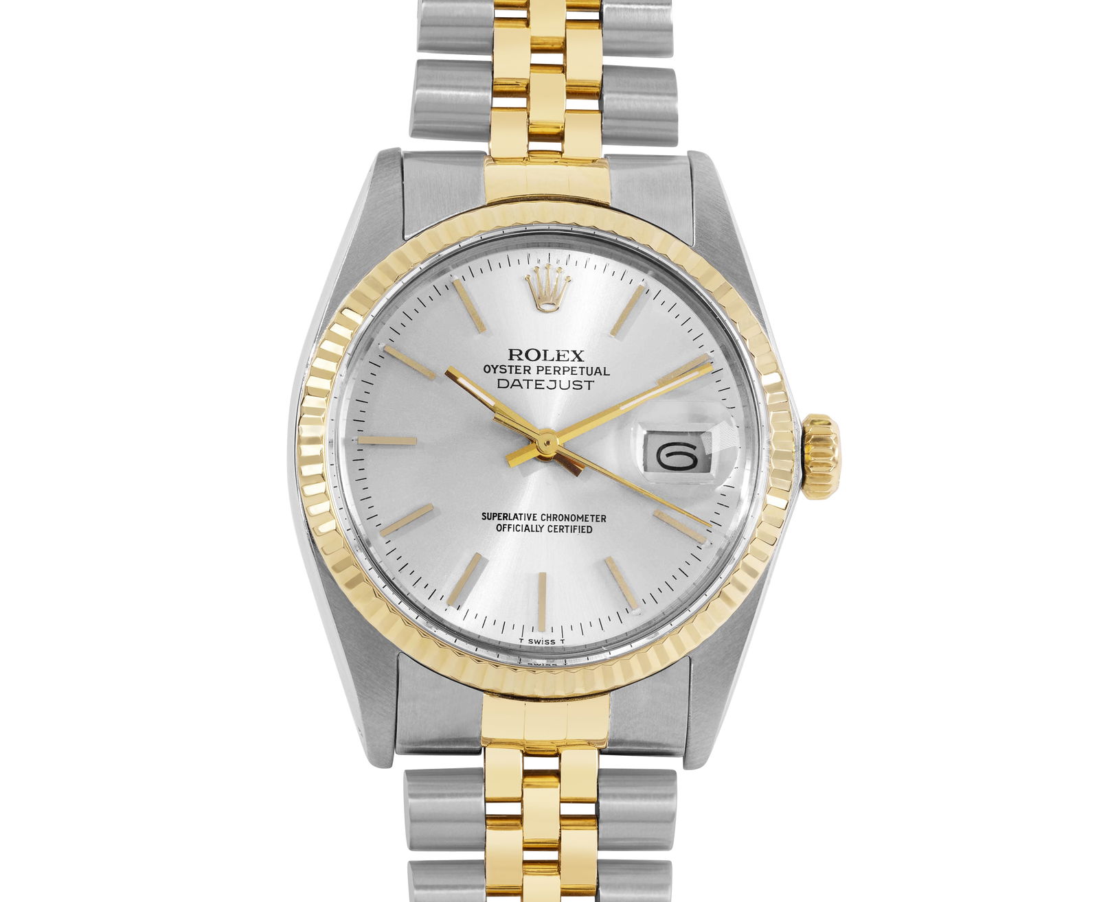 Rolex Mens 36MM Yellow Gold And Steel Silver Datejust Jubilee Band Watch: The Watch Features an Original Rolex Silver Index Dial a Rolex 14K Yellow Gold Fluted Bezel and a Rolex Two Tone 14K Yellow Gold And Stainless Steel Jubilee Bracelet. This Watch is in Very Good Condit