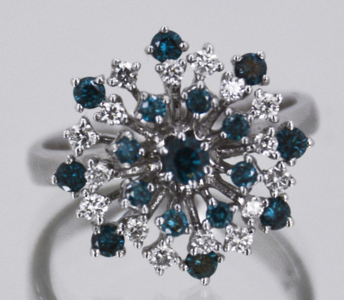 14kt White Gold Blue/White Diamond Snowflake Ring: 14kt White Gold .31cttw Round White Diamond .60cttw Blue Diamond, size 7