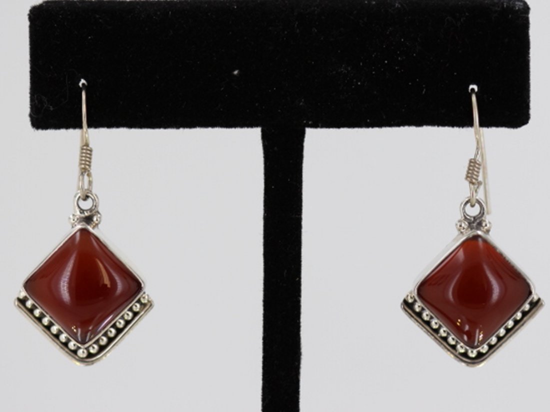 Sterling Silver .925 Vintage Carnelian Earrings: Sterling Silver 8.45 Approx grams including, Square Cut Carnelian Hand Detail Hook Back Earrings