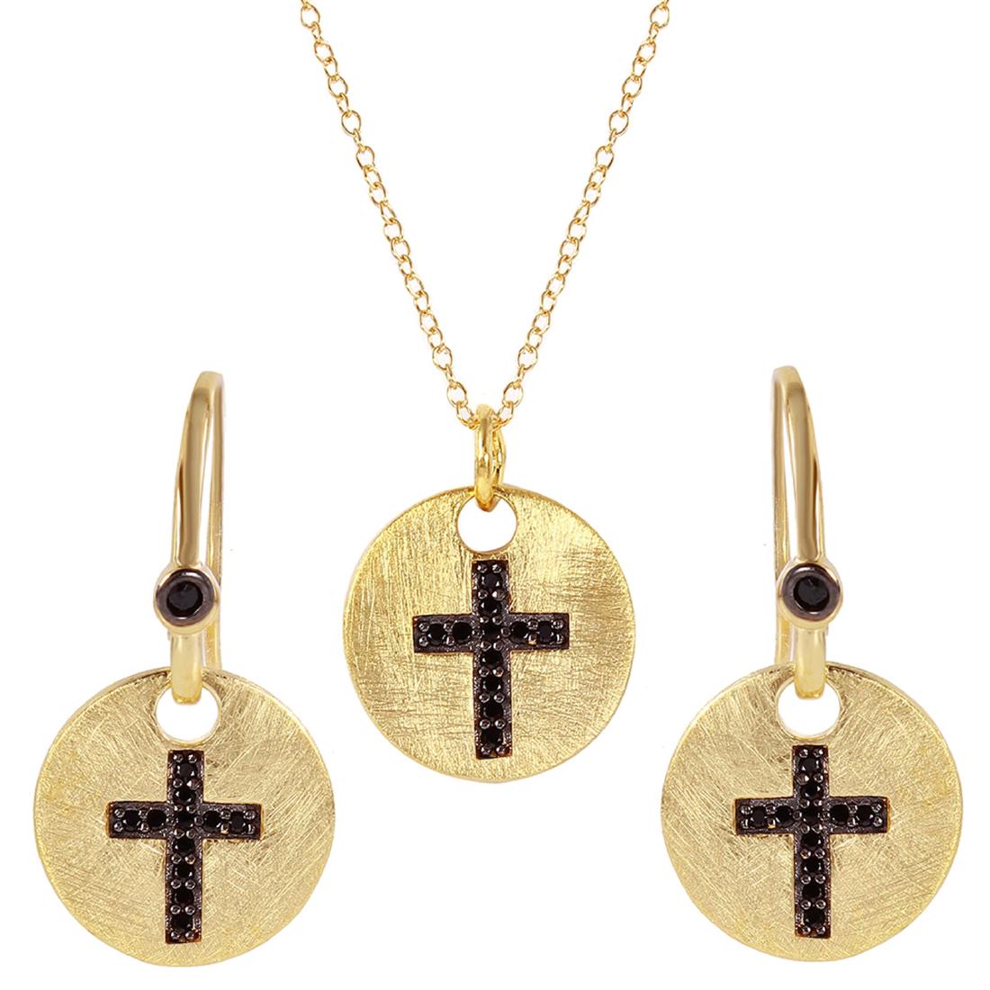 Sterling Silver Gold Plated Black Cross Round Tag Set: Sterling Silver Gold Plated Black Cross Round Tag Set BGS00409