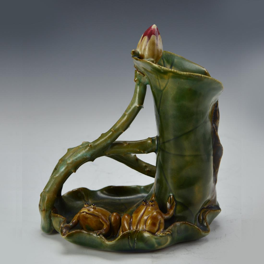 Chinese Frog Porcelain Pendant: China, green glazed lotus leaf with two brown glazed frogs sitting on it, H:7 1/4 : in