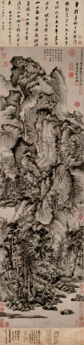 Wang Meng, Landscape and Housing: Chinese ink and color on paper, seal and signed, hand painted; L: 42 cm W: 173 cm