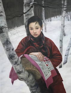 OIL PAINTING OF FIGURE, WANG YIDONG: Oil Painting on Canvas, Hand-Painted, of Figure, Wang Yidong; L: 100 cm W: 75 cm