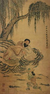 WU BING (1573-1620), FIGURE: Chinese Ink and color on paper, Figure, scroll, Seal and Signed; L: 55 3/4 in W: 30 in