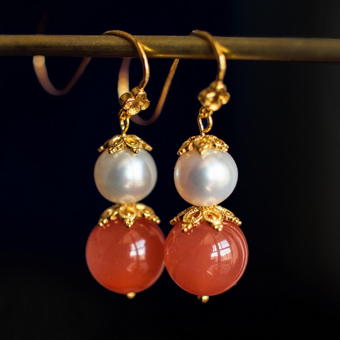 CHINESE PEARL GILDING RED JADE GOURD EARRINGS (1 of 3)
