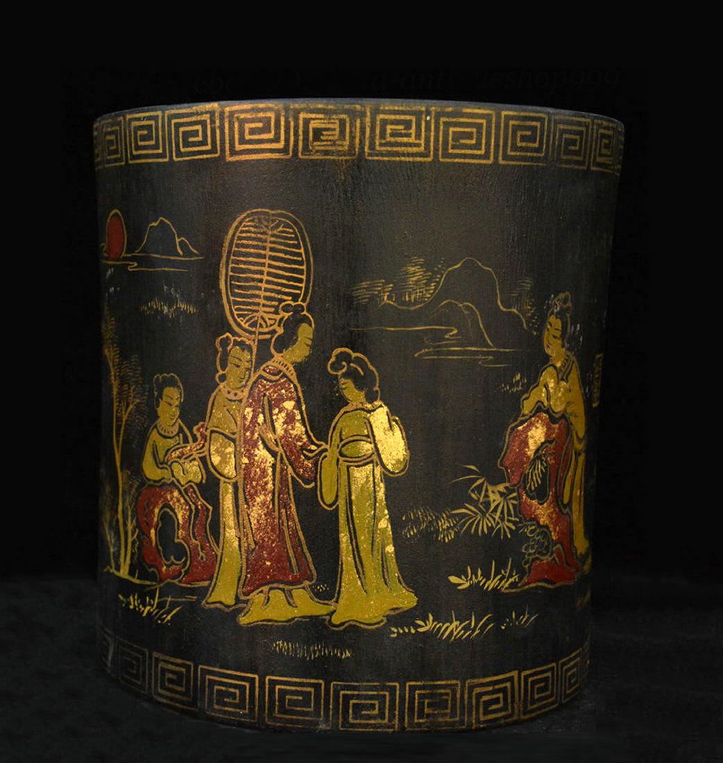 CHINESE GOLD INLAID LACQUER WOOD BRUSH POT (1 of 6)