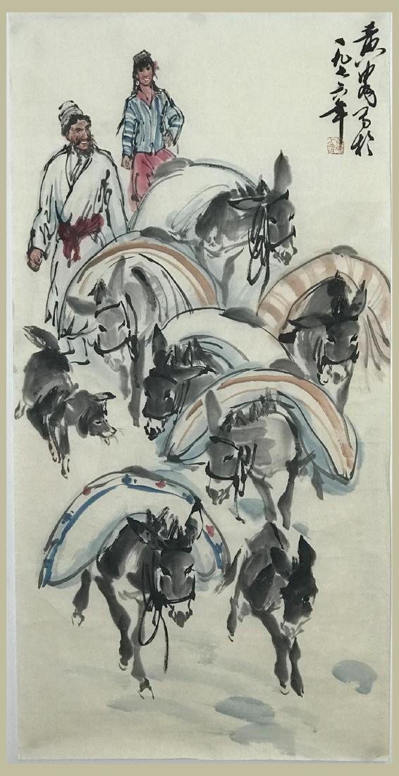 CHINESE PAINTING OF  DONKEY AND CAMEL SIGNED HUANG ZHOU (1 of 4)