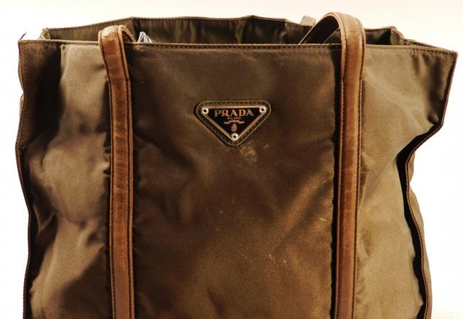 Prada Nylon Tote Bag: Large Brown Prada Nylon Tote Bag - "Shopper" Style. Measures: 24 inches (with strap)