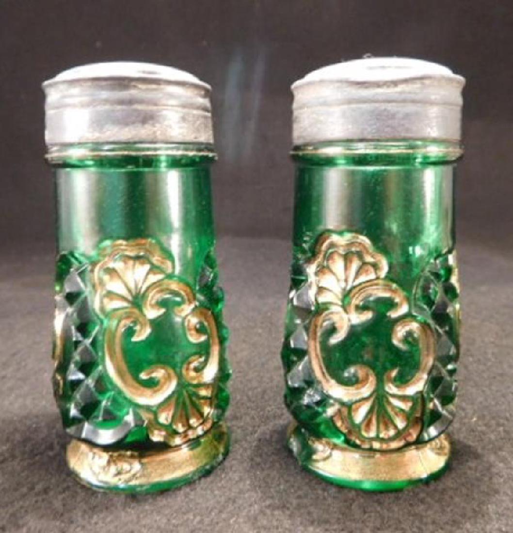 GREEN GILDED RIVERSIDE CROESUS SALT PEPPER 1800'S EAPG: Thank you for attending HATMAN AUCTIONS! This auction features early and rare Victorian Glass as well as modern collectible glass in the later lots of this auction. We will be uploading FIVE HUNDRED L