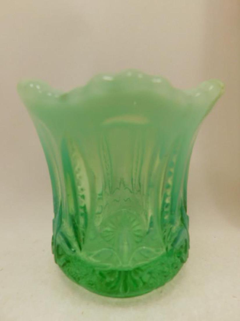 OPALESCENT  TOOTHPICK HOLDER GREEN IRIS MEANDER  1800'S (1 of 4)