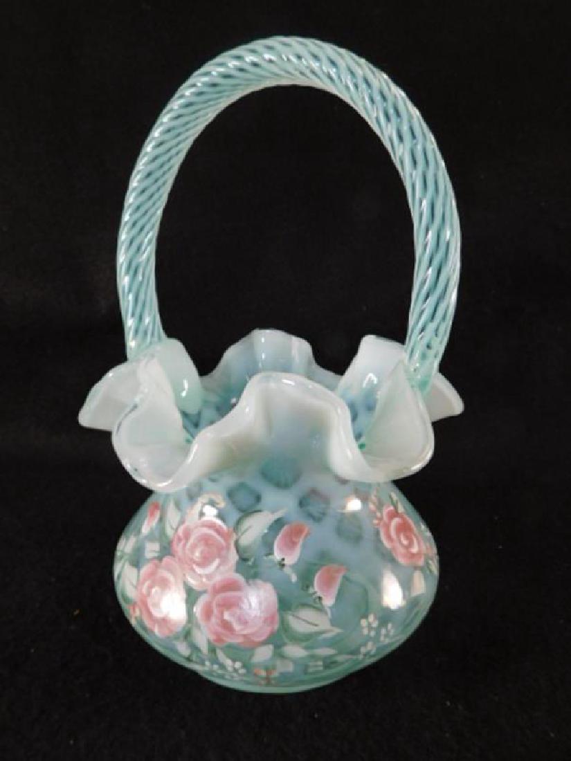 FENTON ART GLASS USA HANDPAINTED BASKET: Thank you for attending HATMAN AUCTIONS! This auction features early and rare Victorian Glass, Vintage Sewing Notions, Fenton, Hummel, Rock as well as modern collectible glass in the later lots of thi