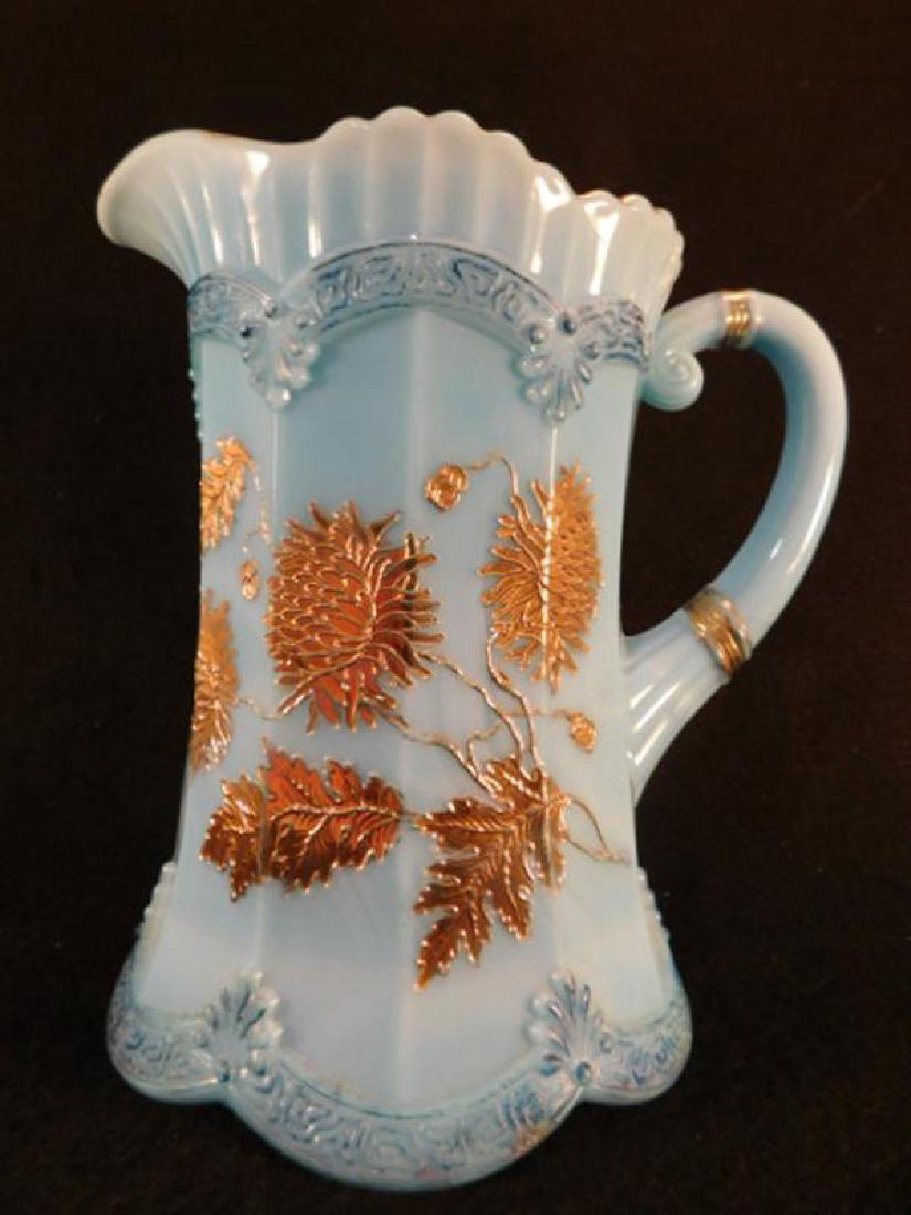 BLUE OPAQUE GILDED PITCHER CHRYSANTHEMUM SPRIG WATER (1 of 3)