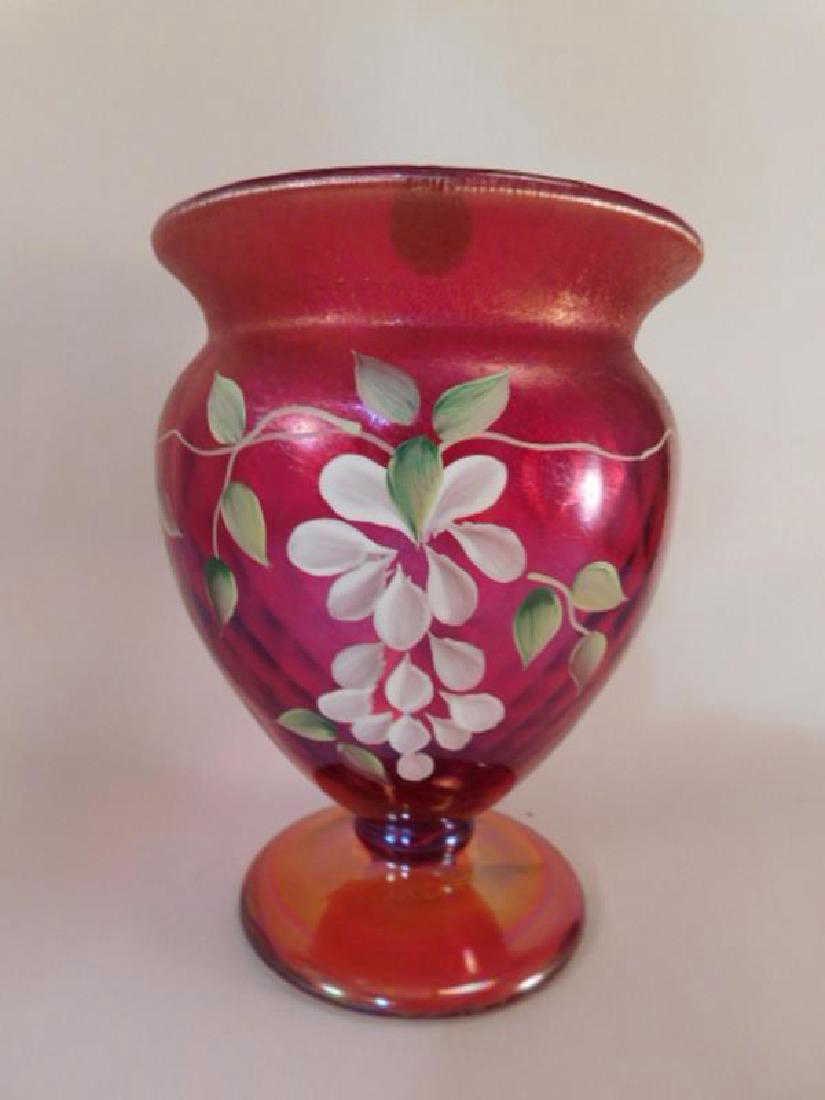 FENTON ART GLASS USA HANDPAINTED VASE RUBY AMBERINA(