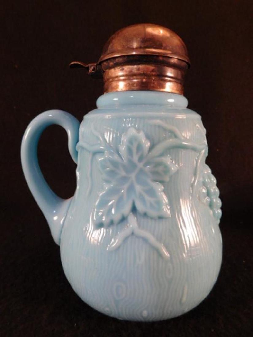 BLUE OPAQUE LEAF SYRUP PITCHER VINTAGE ANTIQUE EAPG (1 of 3)