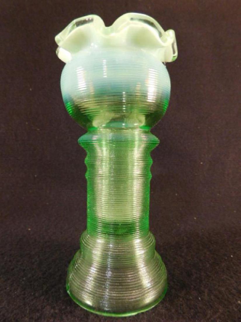 GREEN RIBBED EAPG OPALESCENT VASE VICTORIAN GLASS: Thank you for attending HATMAN AUCTIONS! This auctions consists of and ecclectic variety of fantastic quality 2089's Victorian Era Glass, antiques, Advertising, Art, Fenton, Hummel, Disney, Rare Rocks