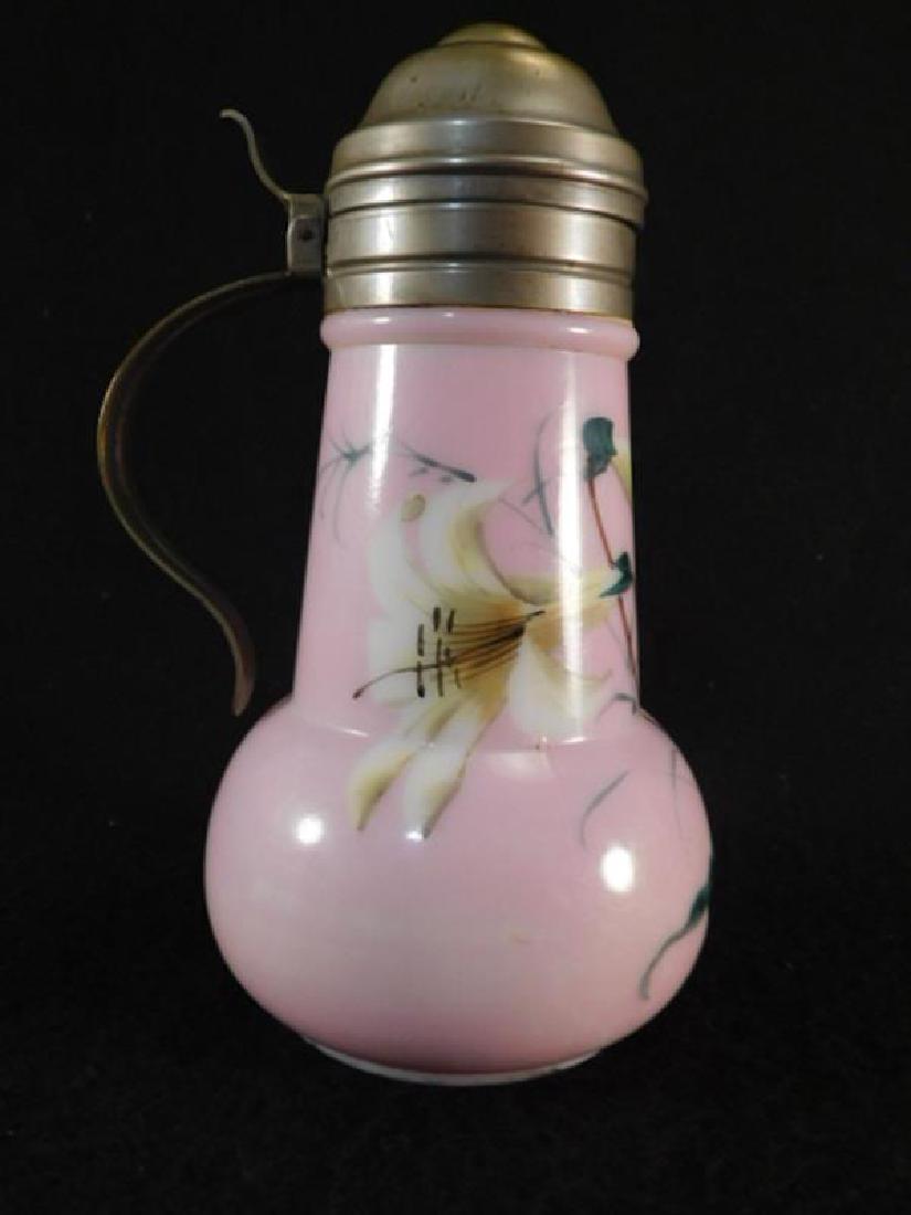 WHITE LILY SYRUP PITCHER VICTORIAN FORMAL: Thank you for attending HATMAN AUCTIONS! This auctions consists of and ecclectic variety of fantastic quality 2096's Victorian Era Glass, antiques, Advertising, Art, Fenton, Hummel, Disney, Rare Rocks