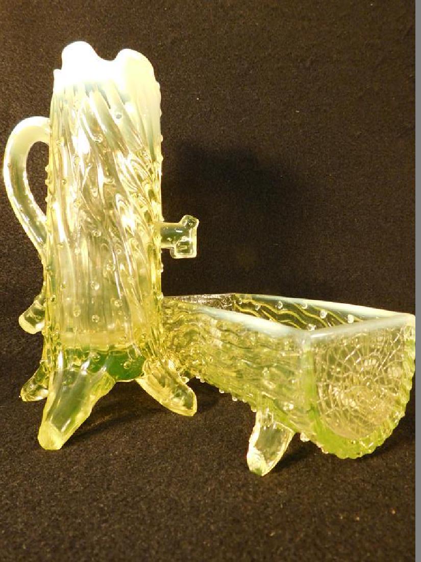NORTHWOOD GLASS VASELINE OPALESCENT PUMP AND TROUGH: Thank you for attending HATMAN AUCTIONS! This auctions consists of several lots of antiques, advertising, ephemera, rare rocks, Fenton, Hummel, Disney and other collectibles. Please see photos for mea