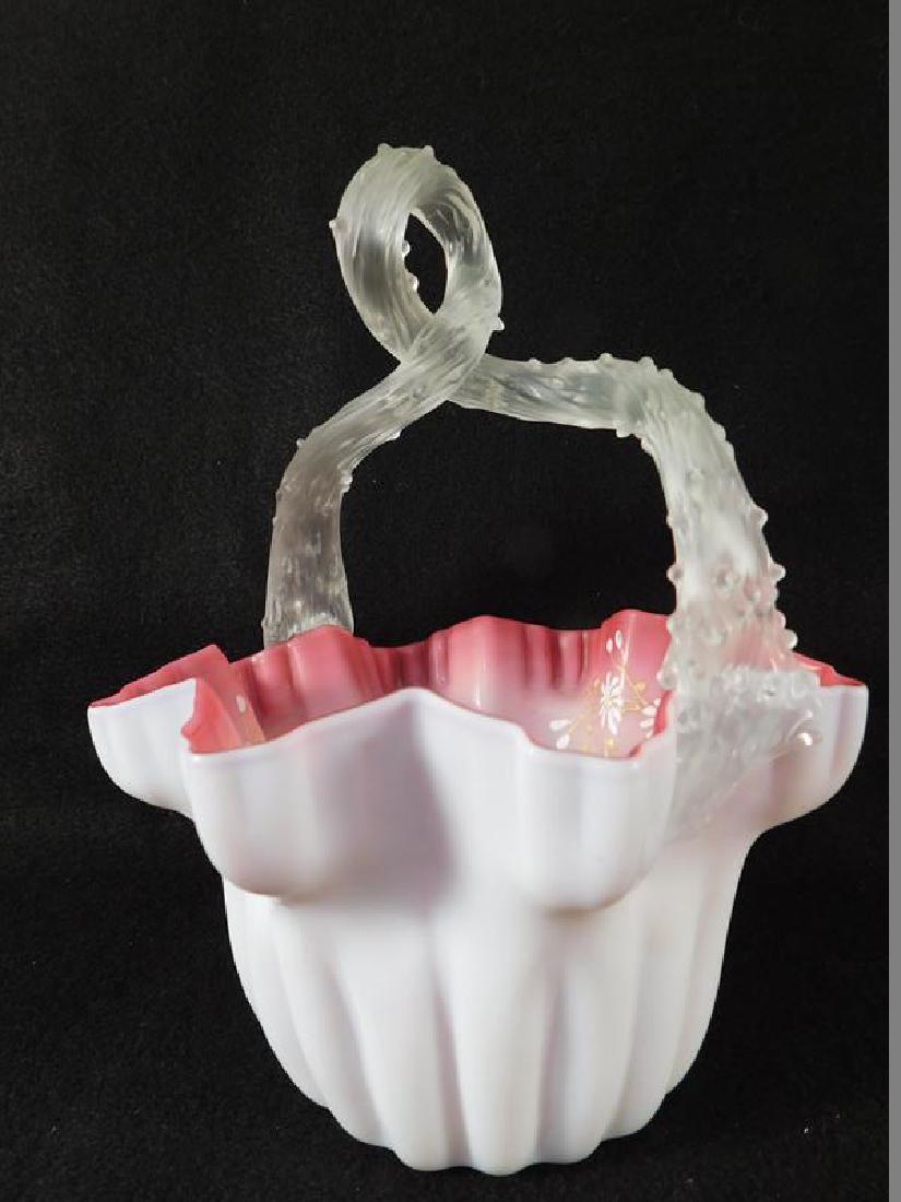 PINK CASED GLASS BASKET THORN HANDLE 1800'S GLASS: Thank you for attending HATMAN AUCTIONS! This auctions consists of several lots of antiques, advertising, ephemera, rare rocks, Fenton, Hummel, Disney and other collectibles. Please see photos for mea