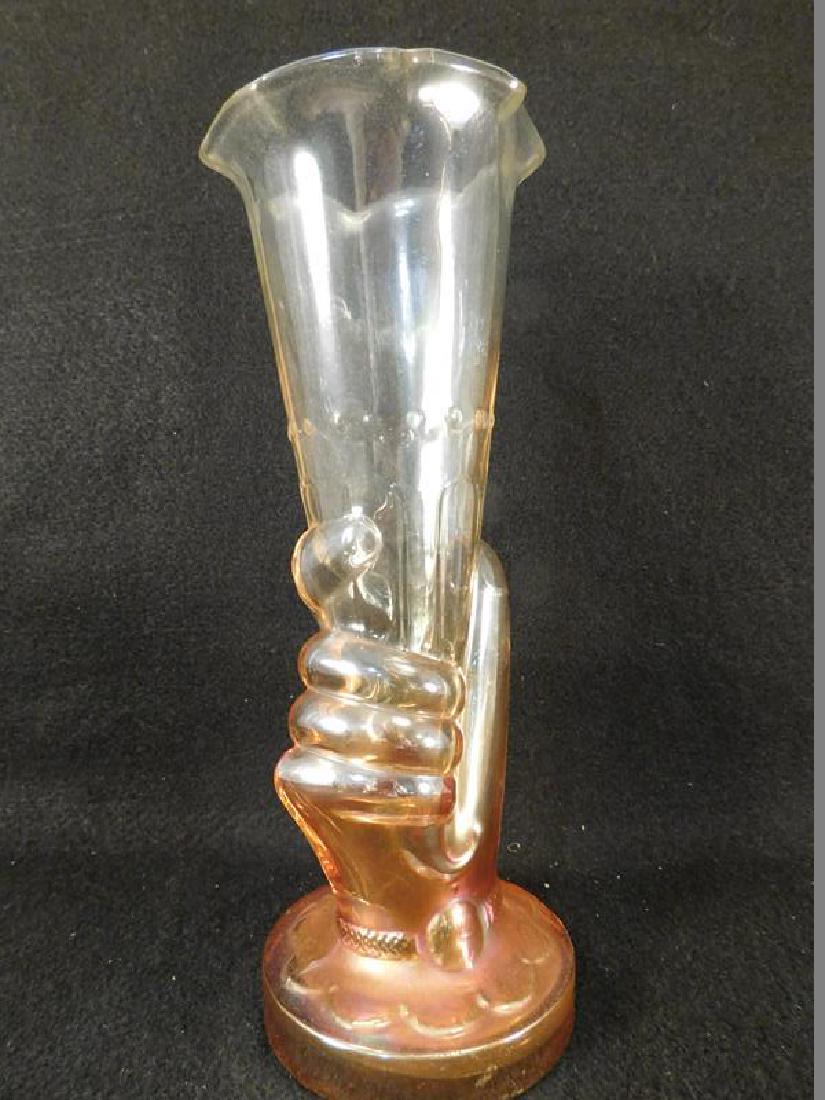 JAIN GLASS HAND VASE MARIGOLD CARNIVAL GLASS (YES, WE: Thank you for attending HATMAN AUCTIONS! This auctions consists of several lots of antiques, advertising, ephemera, rare rocks, Fenton, Hummel, Disney and other collectibles. Please see photos for mea