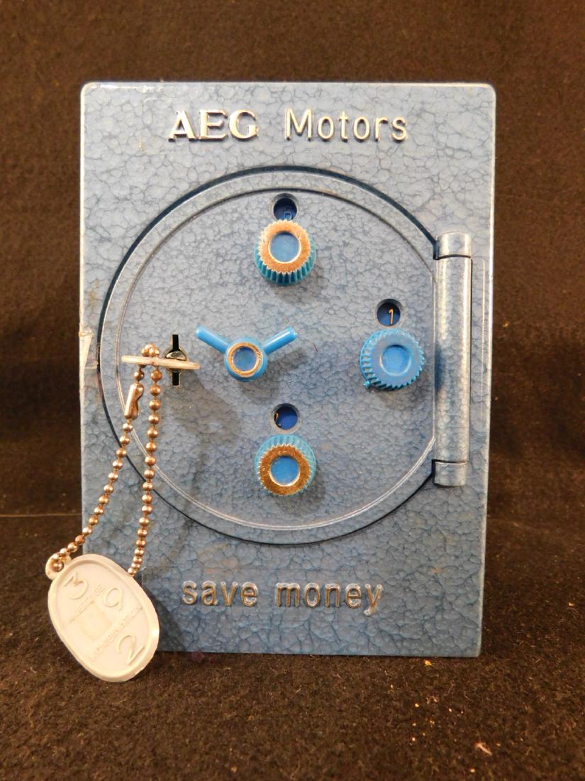 ADVERTISING CHILDS TOY BANK AEG MOTORS W/KEY: ANTIQUES AND COLLECTIBLES (YES,WE SHIP) (YES, WE SHIP!)