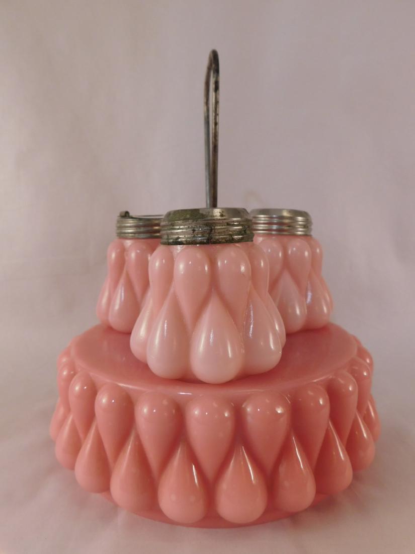 PINK SATIN GLASS TEARDROP BULGING CONDIMENT SET  1800'S (1 of 4)