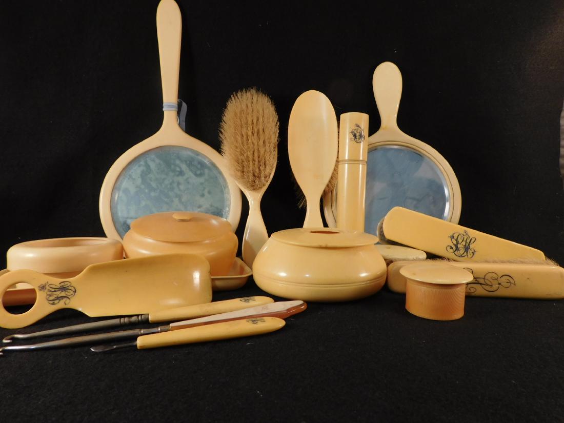 CELLULOID DRESSER SETS, MANY PIECES MIRRORS BRUSHES (1 of 9)