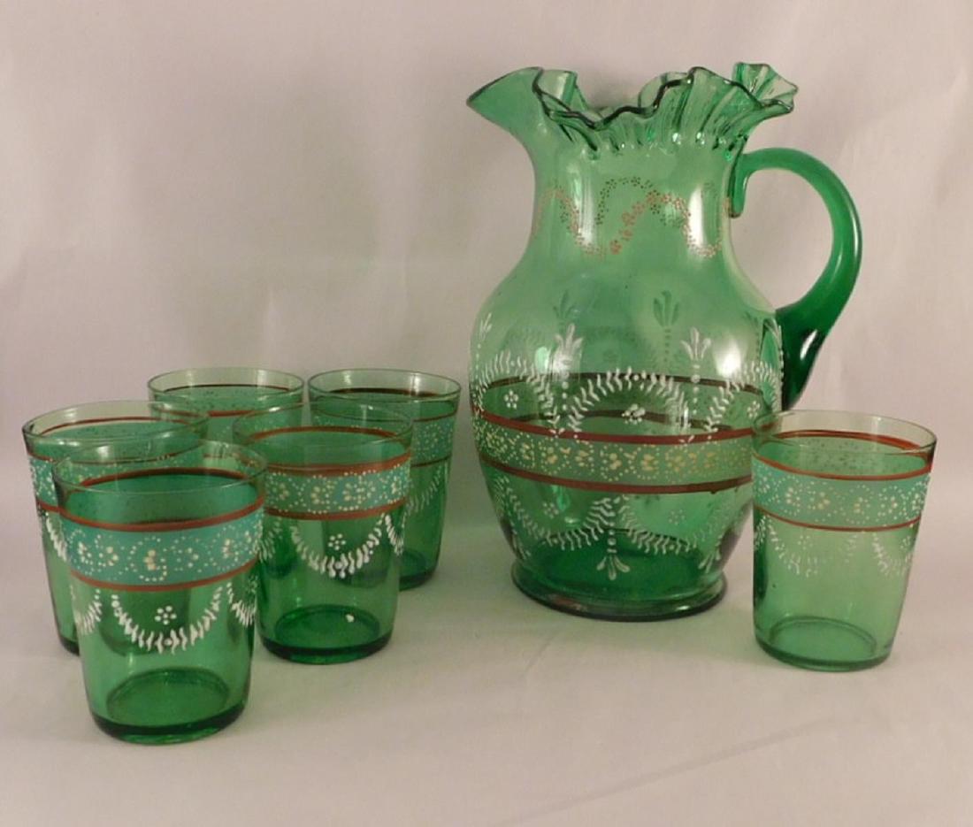 GREEN ENAMELED VICTORIAN GLASS PITCHER WATER SET (1 of 4)