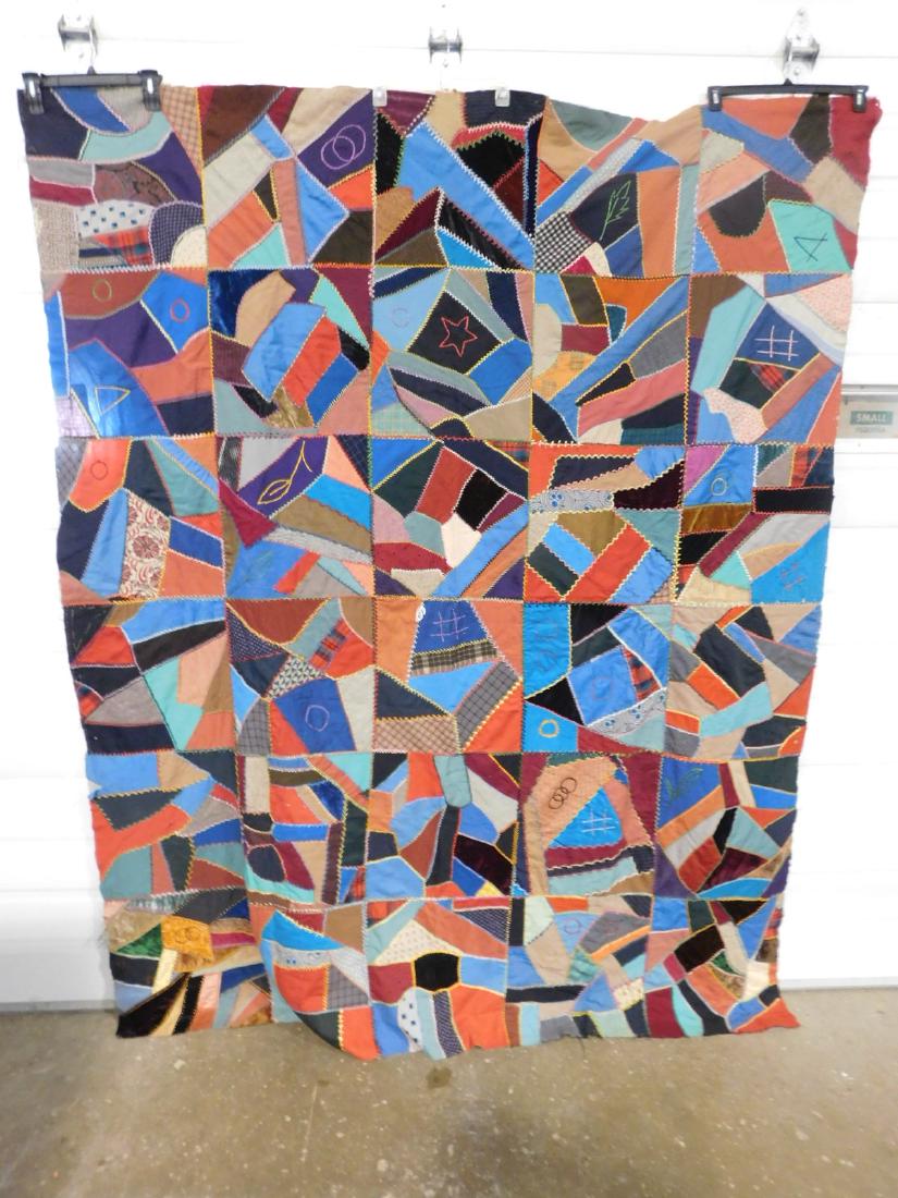 HAND MADE VINTAGE CRAZY QUILT TOP 71 INCHES X 91 INCHES (1 of 2)
