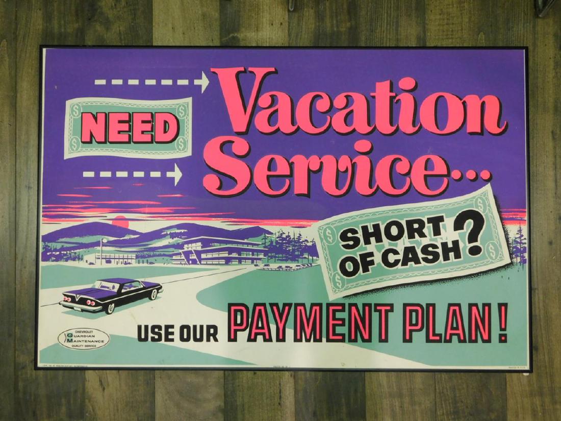 1962 CHEVY RARE PAPER NEON POSTER NEED VACATION SERVICE: 1962 CHEVY RARE PAPER NEON POSTER NEED VACATION SERVICE CHEVROLET ADVERTISING MODERN DISPLAYS AUTOMOBILIA USA 38