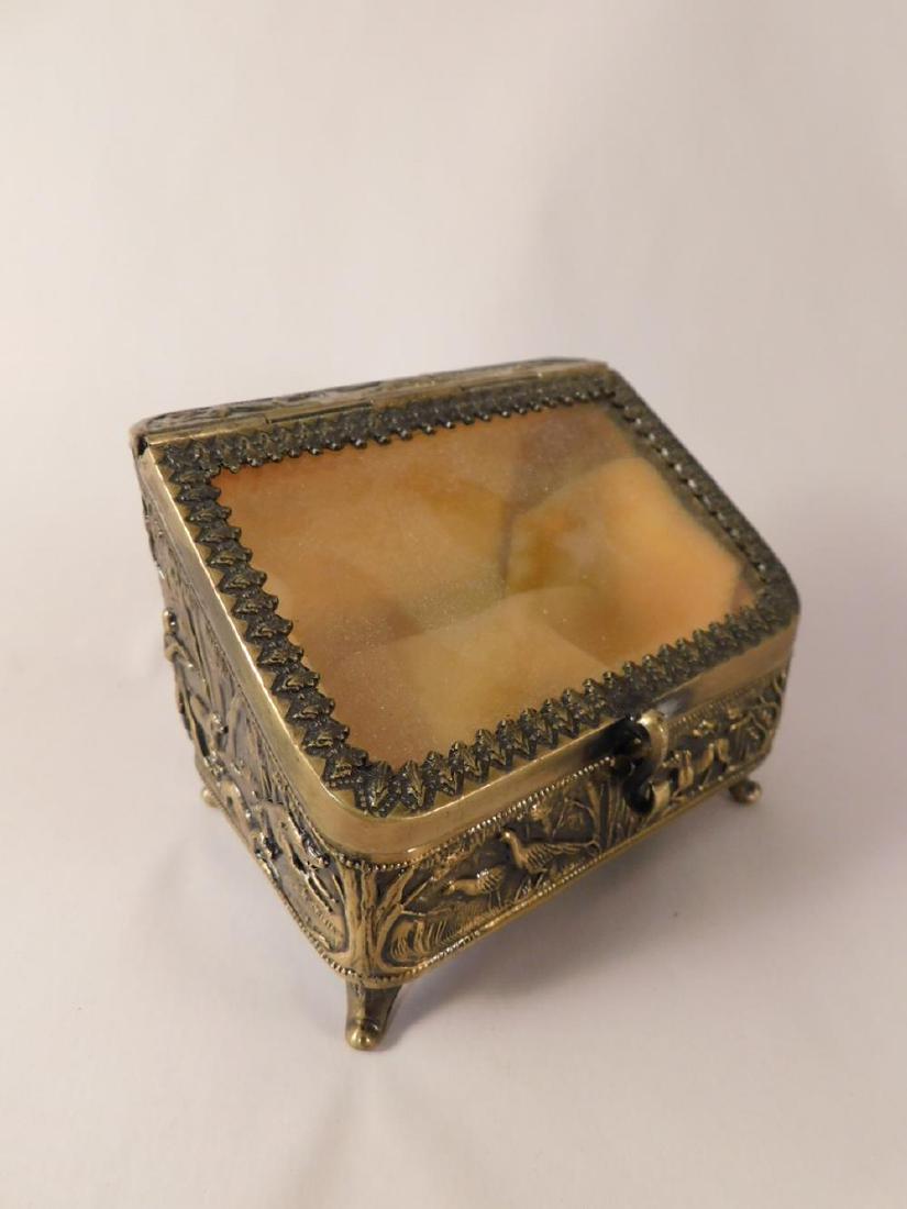 GLASS JEWELRY CASKET FABRIC LINED ORNATE ANTIQUES AND: GLASS JEWELRY CASKET FABRIC LINED ORNATE ANTIQUES AND COLLECTIBLES